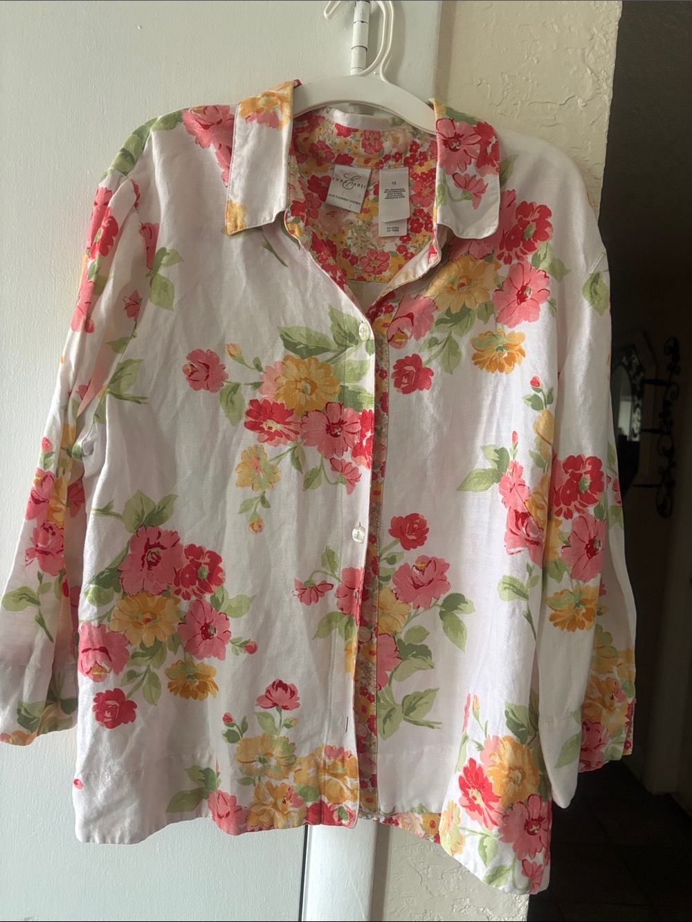 Emma James White Floral Button-Up Shirt with Pink and Yellow Blooms